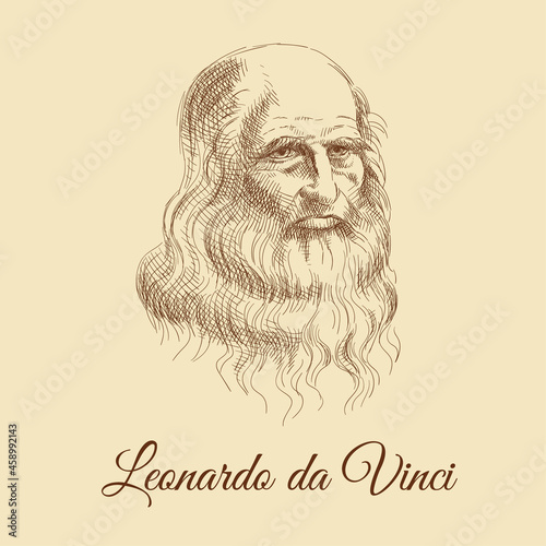 Sketch portrait of Leonardo da Vinci. Self-portrait of the artist in charcoal on paper. Vintage brown and beige card, hand-drawn, vector. Old design. Line graphics. photo