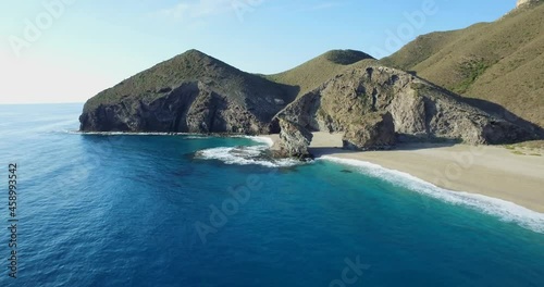 Aerial footage of andalusian beach landscape at Playa de los Muertos, Carboneras, Almería, Spain