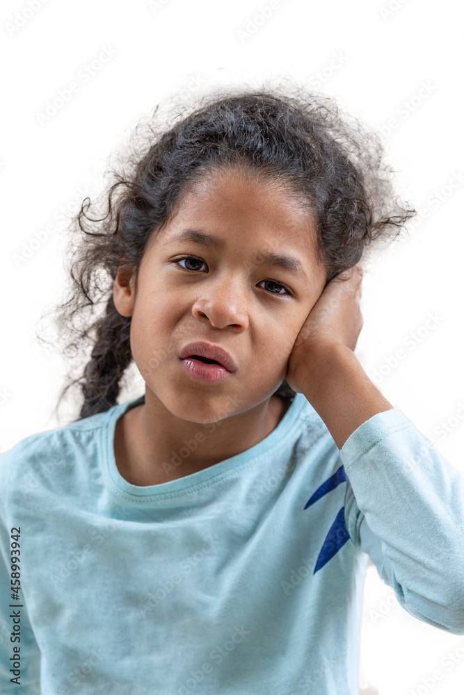 The ear ache teen girl on blue background facial expressions and people emotions beautiful looking.on white. The ear ache teen girl on blue background facial expressions and people emotions beautiful looking.on white.