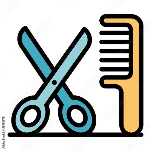 Scissors and comb icon. Outline scissors and comb vector icon color flat isolated