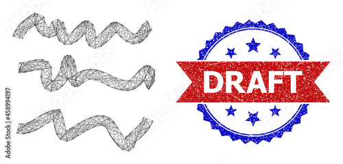 Network text scribbles wireframe icon, and bicolor grunge Draft seal. Flat carcass created from text scribbles icon and crossing lines. Vector imprint with grunge bicolored style,