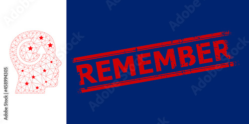 Mesh remember polygonal symbol vector illustration, and red REMEMBER rough rubber print. Carcass model is based on remember flat icon, with stars and triangle mesh.