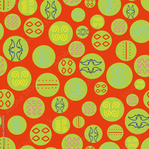 Fototapeta Naklejka Na Ścianę i Meble -  Vector Orange colorful geometric shapes in circles background pattern