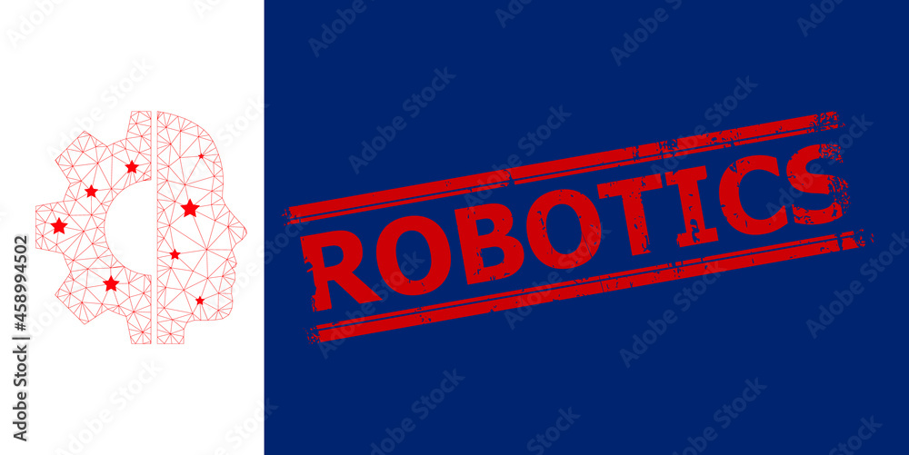 Mesh cyborg head polygonal icon vector illustration, and red ROBOTICS rough seal. Carcass model is based on cyborg head flat icon, with stars and triangular mesh. Mesh cyborg head polygonal icon vector illustration, and red ROBOTICS rough seal. Carcass model is based on cyborg head flat icon, with stars and triangular mesh.