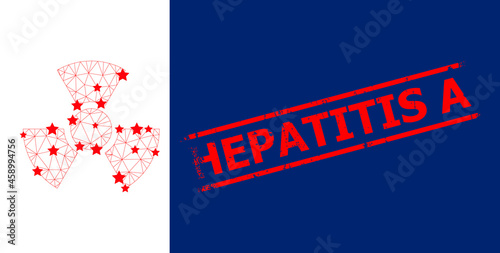 Mesh radioactivity polygonal icon vector illustration, and red HEPATITIS A rubber stamp. Carcass model is created from radioactivity flat icon, with stars and polygonal mesh.