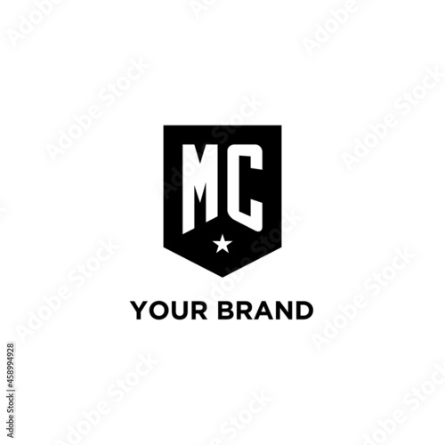 MC monogram initial logo with geometric shield and star icon design style