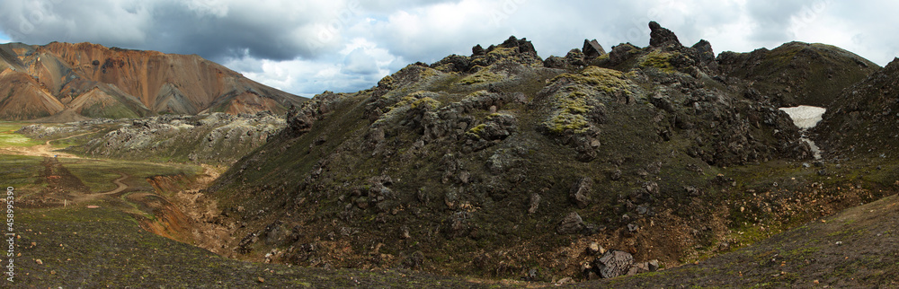 Lava field on Laugar-loop trail in Landmannalaugar, Iceland, Europe
