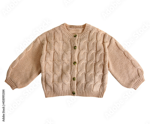 Baby boy knitted cardigan, child's brown knitted sweater isolated.