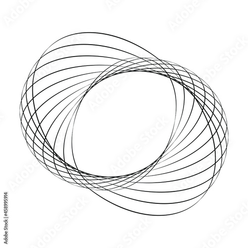 Black abstract ellipses in spiral form. Trendy design element for frame, round technology logo, sign, symbol, web, prints, posters, template, pattern and abstract background