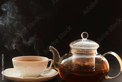 tea in a glass mug and a teapot