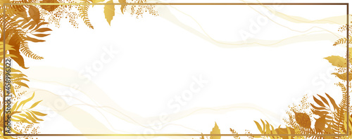 Gold frame and leaves. Autumn banner with yellow leaves in the form of a frame. White background. Vector illustration