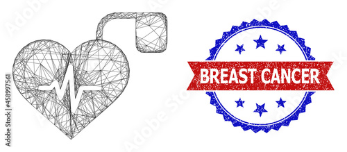 Crossing mesh pulse pacemaker frame illustration, and bicolor grunge Breast Cancer seal. Flat mesh created from pulse pacemaker pictogram and crossing lines.