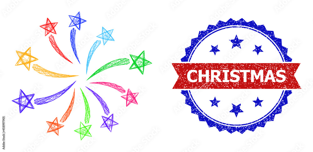 Crossing mesh fireworks festival framework icon, and bicolor rubber Christmas seal stamp. Flat frame created from fireworks festival icon and crossing lines.
