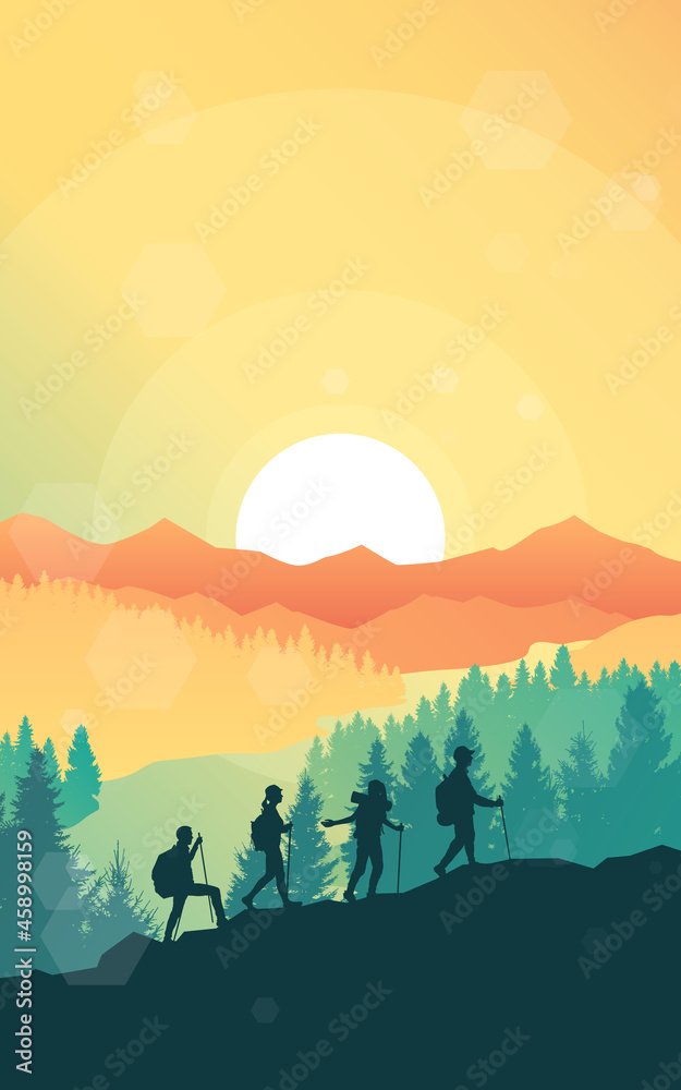 Fototapeta premium Travel concept of discovering, exploring, observing nature. Hiking tourism. Adventure. A team of friends climbs the mountains. Teamwork. Polygonal landscape illustration, Minimalist flat design