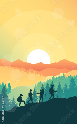 Travel concept of discovering, exploring, observing nature. Hiking tourism. Adventure. A team of friends climbs the mountains. Teamwork. Polygonal landscape illustration, Minimalist flat design