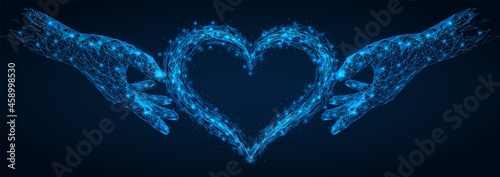 Two hands hold a heart assembled from fragments. Polygonal construction of interconnected lines and points. Blue background.