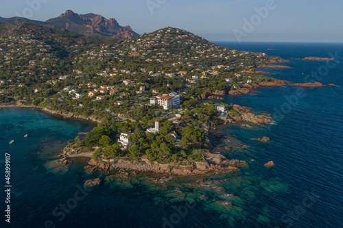 Aerial view of Plage de La Baumette during sunset in Provence Alpes Cote d`Azur, France.