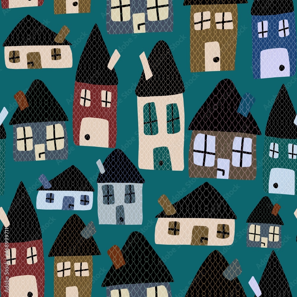 Abstract Hand Drawing Cute Houses Homes Seamless Pattern Isolated Background