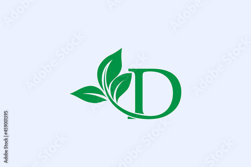 Logo D and leaves With dark green color. Vector illustration of a line lettering symbol