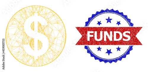 Net dollar coin frame icon, and bicolor dirty Funds seal. Flat carcass created from dollar coin icon and crossed lines. Vector seal with unclean bicolored style,