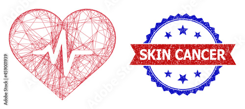 Net mesh heart pulse frame icon, and bicolor dirty Skin Cancer seal stamp. Flat framework created from heart pulse icon and intersected lines. Vector seal with unclean bicolored style,
