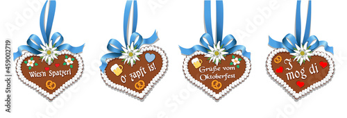 Oktoberfest verschiedene hängende Lebkuchenherzen Gruppe an blaue Schleife mit Edelweiß,
Vektor Illustration isoliert auf weißem Hintergrund
