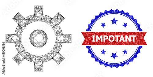 Net mesh cog carcass icon, and bicolor scratched Impotant seal. Flat model created from cog icon and intersected lines. Vector seal with scratched bicolored style,