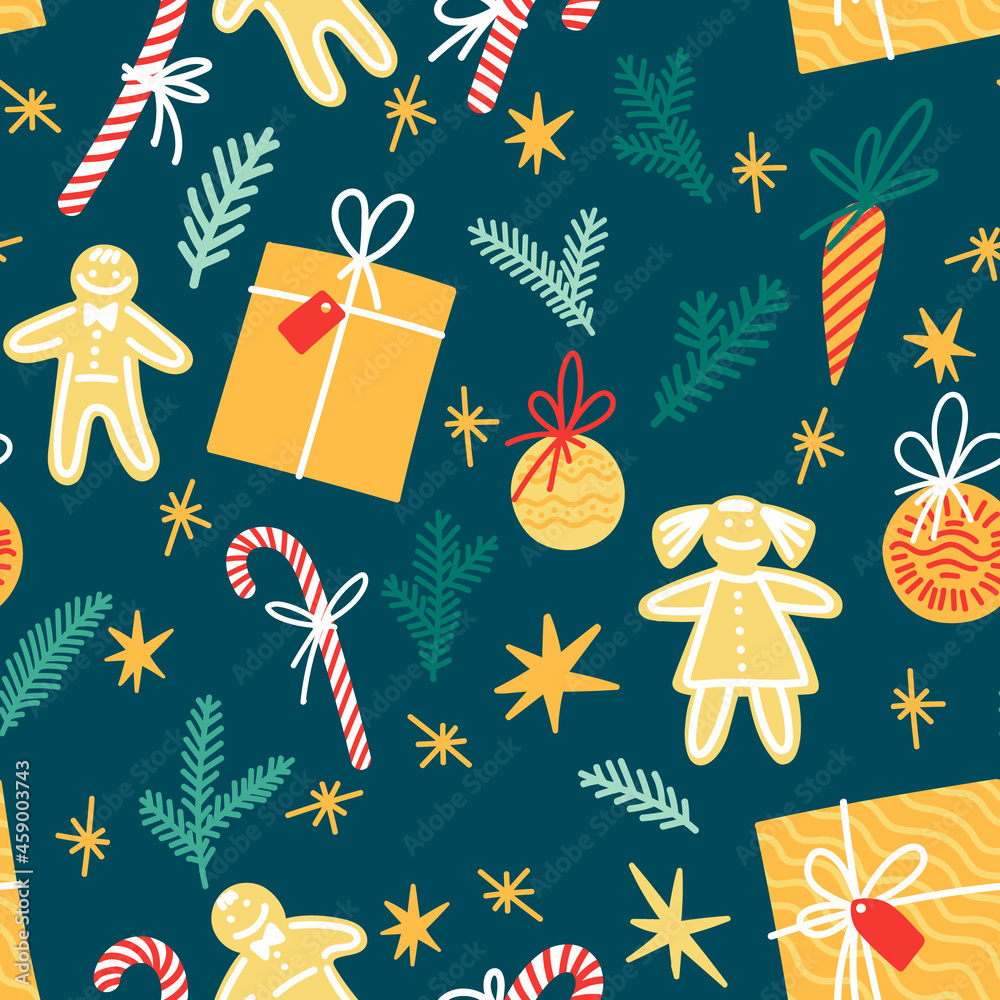 Festive pattern with New Year elements, decoration for the holiday, gifts, Christmas toys Festive pattern with New Year elements, decoration for the holiday, gifts, Christmas toys