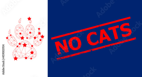 Mesh tiger footprint polygonal icon vector illustration, and red NO CATS corroded stamp seal. Carcass model is created from tiger footprint flat icon, with stars and triangular mesh.