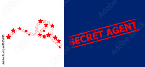 Mesh expore wave chart polygonal icon vector illustration, and red SECRET AGENT rubber stamp. Model is created from expore wave chart flat icon, with stars and triangle mesh.