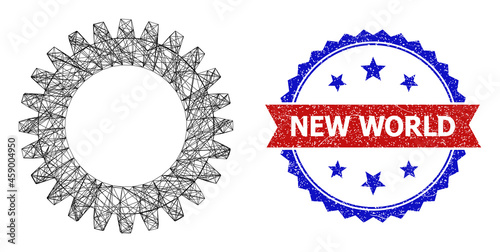 Network cogwheel model icon, and bicolor unclean New World seal stamp. Flat framework created from cogwheel icon and intersected lines. Vector seal with retro bicolored style,
