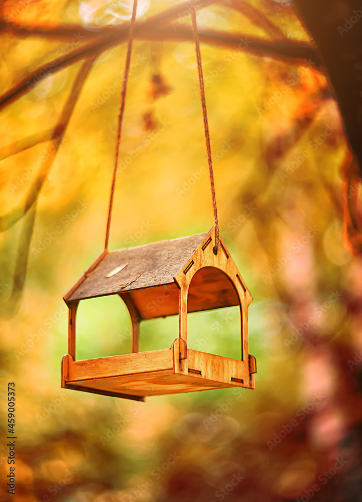 Wooden feeder hanging on a tree in the park