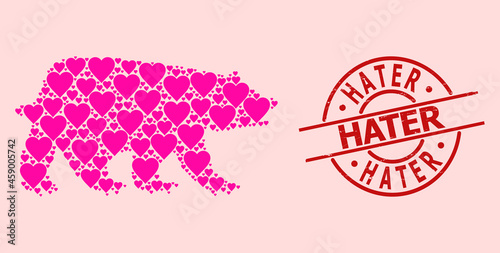 Scratched Hater stamp seal, and pink love heart pattern for bear. Red round stamp seal includes Hater tag inside circle. Bear collage is constructed from pink romance elements.
