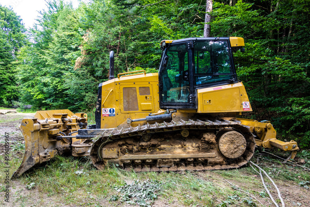 Forest tractor for logging after sawing trees, heavy forestry equipment Forest tractor for logging after sawing trees, heavy forestry equipment