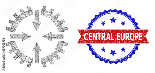 Crossing mesh gear center model icon, and bicolor grunge Central Europe seal stamp. Flat frame created from gear center pictogram and crossing lines. Vector watermark with grunge bicolored style,