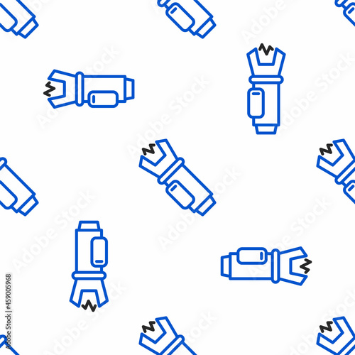 Line Police electric shocker icon isolated seamless pattern on white background. Shocker for protection. Taser is an electric weapon. Colorful outline concept. Vector