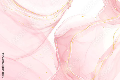 Abstract rose blush liquid watercolor background with golden lines, dots and stains. Pastel marble alcohol ink drawing effect. Vector illustration design template for wedding invitation