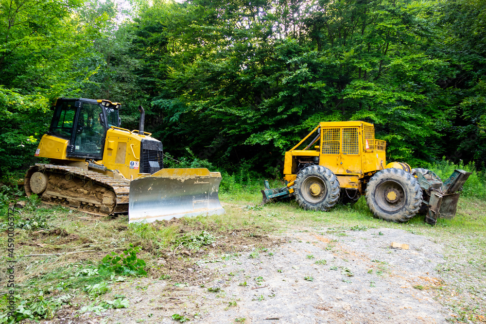 Forest tractor for logging after sawing trees, heavy forestry equipment