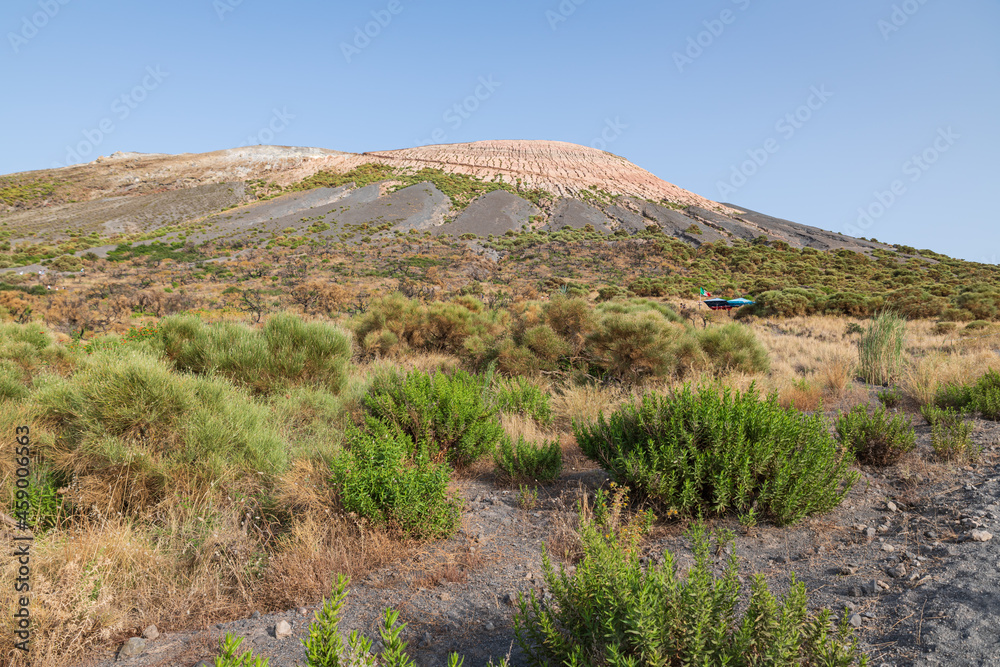 Vulcano island (Aeolian archipelago), Lipari Messina, Sicily, Italy, 08.10.2021: view of lava soil of the volcano.