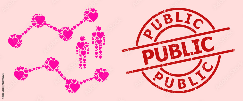 Scratched Public stamp, and pink love heart mosaic for audience charts. Red round stamp has Public title inside circle. Audience charts mosaic is constructed from pink dating icons. Scratched Public stamp, and pink love heart mosaic for audience charts. Red round stamp has Public title inside circle. Audience charts mosaic is constructed from pink dating icons.