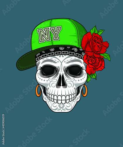 Scull and roses. Day of The Dead colorful Skull with ornament. Halloween, Dia de los muertos, Mexican sugar skull, T-shirt print design, Poster