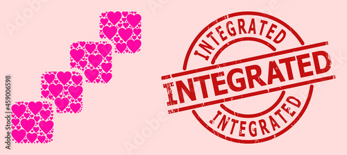 Textured Integrated stamp seal, and pink love heart mosaic for blockchain. Red round seal contains Integrated text inside circle. Blockchain mosaic is designed with pink romantic items.