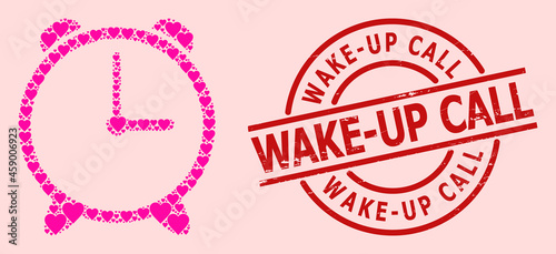 Grunge Wake-Up Call seal, and pink love heart mosaic for alarm clock. Red round stamp seal has Wake-Up Call caption inside circle. Alarm clock mosaic is made of pink romance elements.