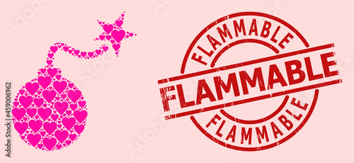 Textured Flammable stamp seal, and pink love heart collage for bomb ignition. Red round stamp seal contains Flammable caption inside circle. Bomb ignition collage is created of pink romantic items.