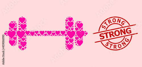 Distress Strong seal, and pink love heart collage for barbell. Red round seal includes Strong title inside circle. Barbell collage is designed from pink dating elements.