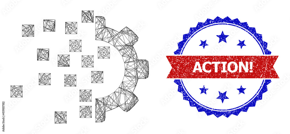 Mesh net gear compilation model icon, and bicolor dirty Action! seal stamp. Flat model created from gear compilation icon and crossing lines. Vector seal with distress bicolored style,