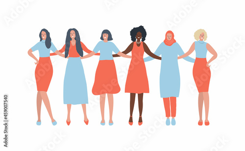 Women are standing and hugging. International Women's Day concept. Women's community. Female solidarity. Diverse group of women. Vector illustration