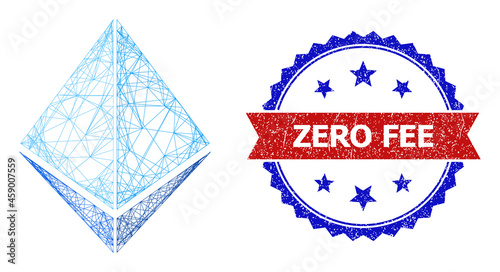 Crossing mesh crystal model icon, and bicolor unclean Zero Fee seal stamp. Flat mesh created from crystal symbol and crossing lines. Vector watermark with unclean bicolored style,