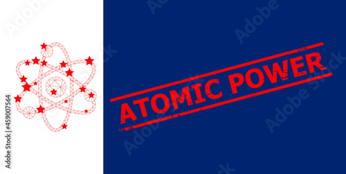 Mesh atom electrons polygonal icon vector illustration, and red ATOMIC POWER textured stamp seal. Carcass model is based on atom electrons flat icon, with stars and triangle mesh.