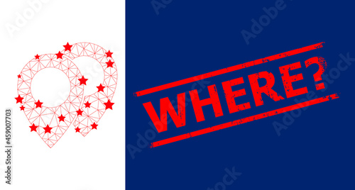 Bilde på lerret Mesh map markers polygonal icon vector illustration, and red WHERE? rough rubber print
